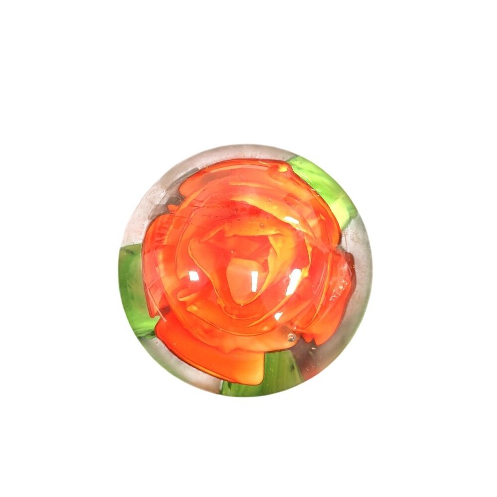 Handcrafted Glass Paperweight With Encased Orange Rose Design - Picture 2 of 3
